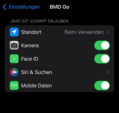 Permissions for BMD Go with toggles for "Location", "Camera", "Face ID", "Siri & Search" and "Mobile Data"