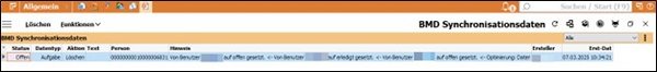 The screenshot shows the window for BMD synchronisation data.