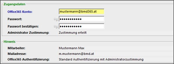 Entry of the Microsoft 365 login details in the parameters