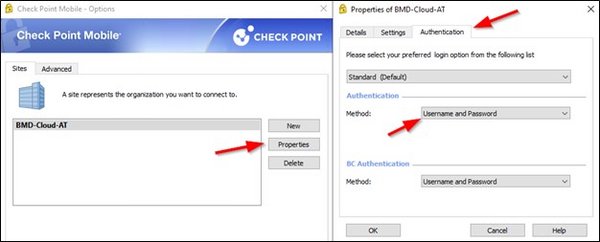 Screenshot showing the option to change the authentication method; arrows point to "Properties", "Authentication", and "Username and Password".