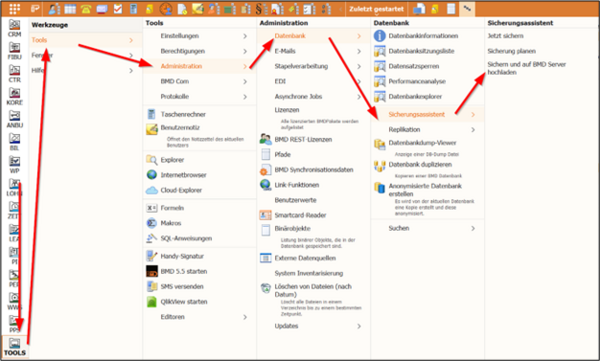 Screenshot showing how to open "Back up and upload to BMD server"