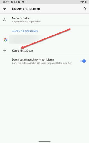 Settings of an Android phone in the tab "Users and accounts"; arrow pointing to "Add account"