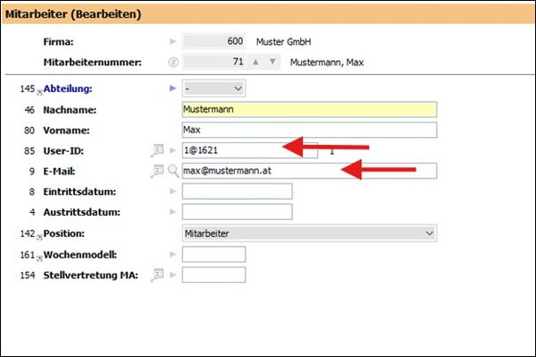 The screenshot shows the window where the employee’s master data can be entered, highlighting user ID and email address.