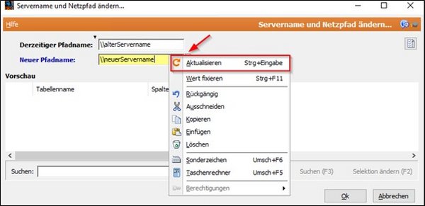Screenshot of the "Change server name and network path" window; an arrow points to "Refresh".