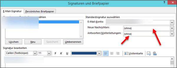 Window "Signatures and Stationery" in Outlook for selecting and editing email signatures, with multiple editing options.