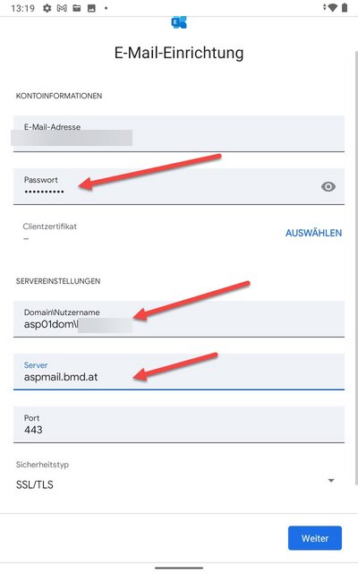Advanced interface with arrows pointing to the fields "Password", "Domain\username", and "Server"