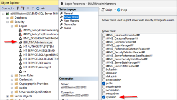 In the object explorer, you can open and configure the login properties.