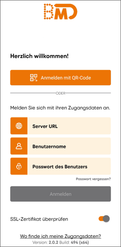 BMD Go screen with the different ways to log in (via QR code or manual entry)
