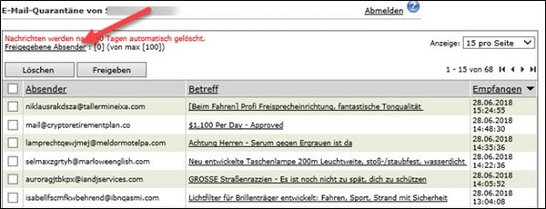  Screenshot of the "Whitelisted senders" option to whitelist an entire domain.