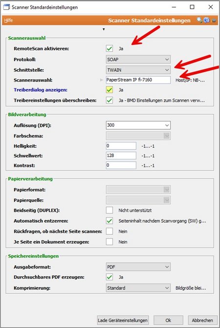 Screenshot of the detailed scanner default settings