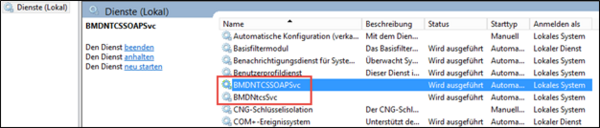 The Services window where the services "BMDNTCSSOAPSvc" and "BMDNtcsSvc" are highlighted.