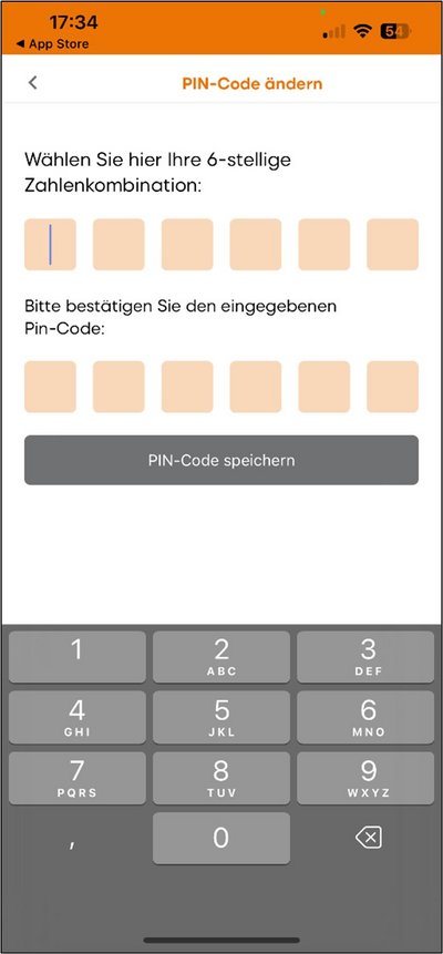 Screen for entering and repeating a 6-digit PIN code