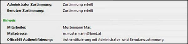 The screenshot shows the consent status of the user and administrator, along with additional detailed information.