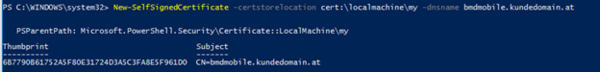 Screenshot of the output for the command New-SelfSignedCertificate