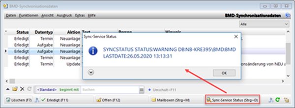 The screenshot shows detailed information on the status of SyncService in the "BMD synchronisation data" window.