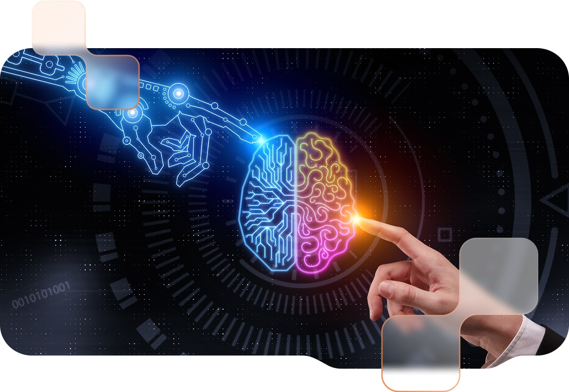 Das Bild zeigt eine Menschenhand und eine Hologramm-Hand - der Zeigefinger beider Hände zeigt auf ein Hologramm-Gehirn in der Mitte.