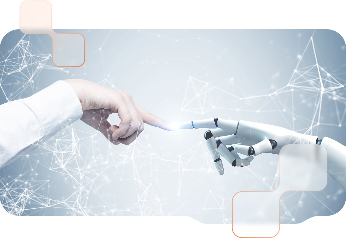 Human hand and robot hand touch with index finger