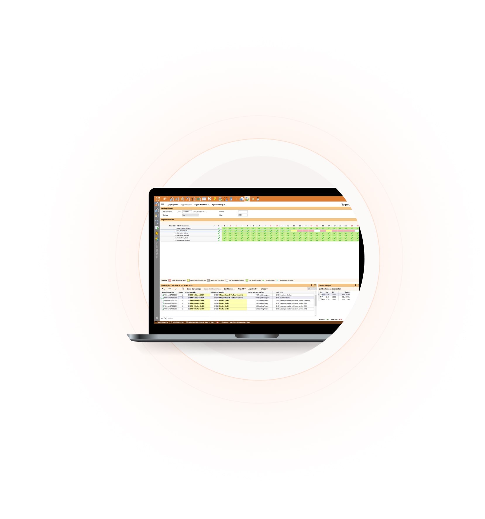 Screenshot vom Tagesabschluss in der BMD Projektzeiterfassungssoftware