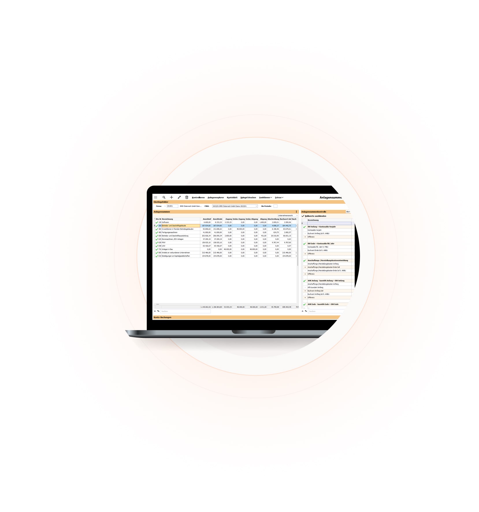 Screenshot des Anlagensummenexplorers in der BMD Software