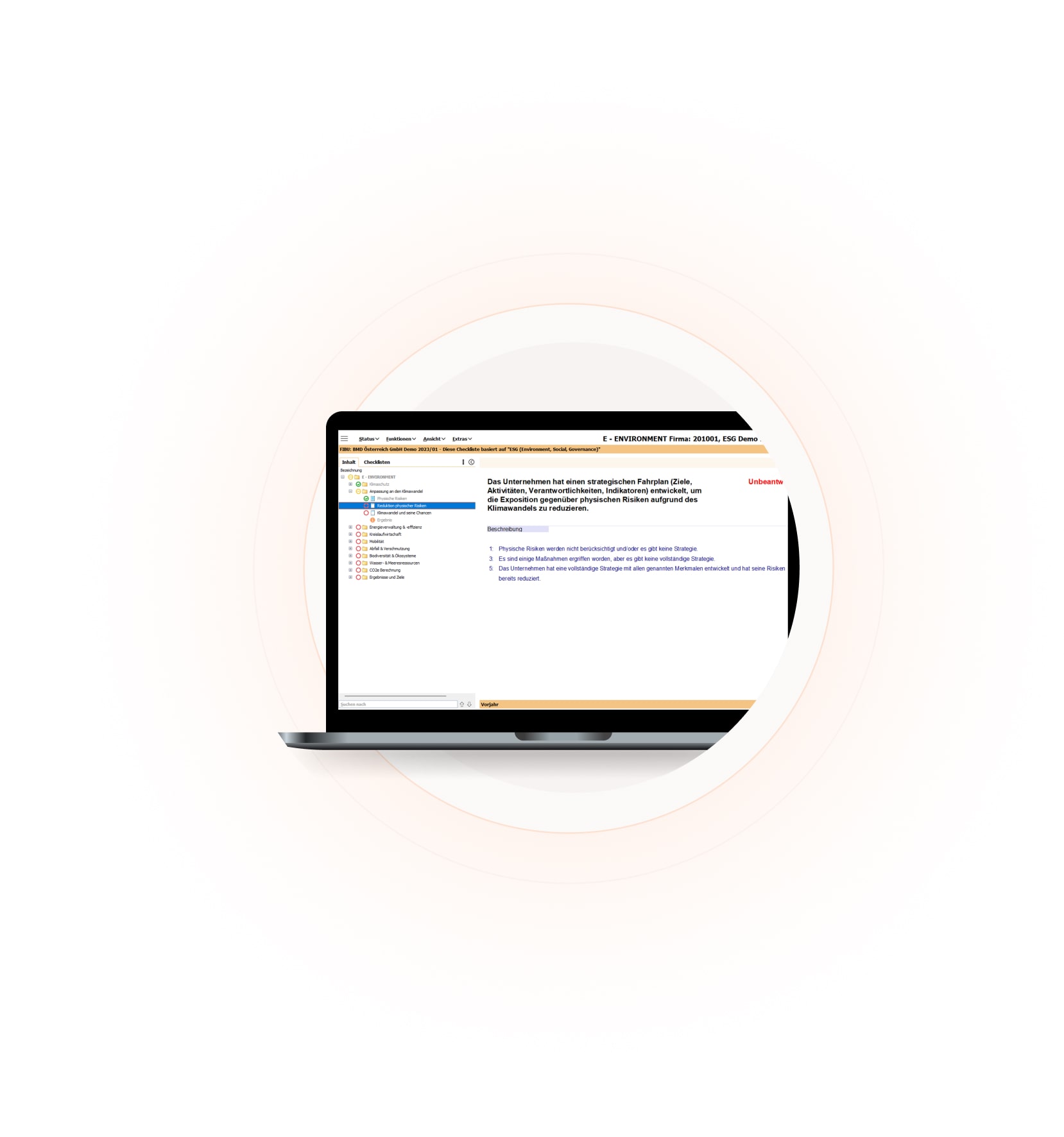 Screenshot des BMD ESG-Screening-Tool mit der Checkliste zur Fragebeantwortung.