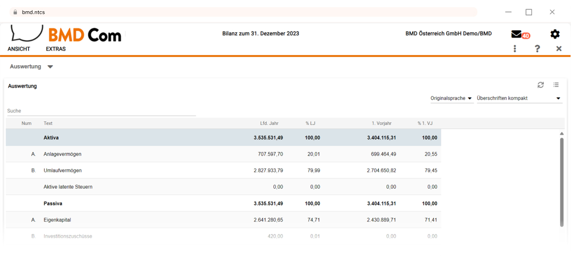Screenshot BMD Com Mandantenplattform mit Bilanz