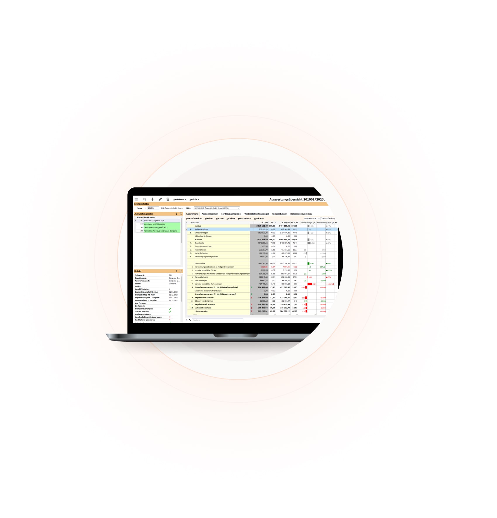 Screenshot der Auswertungsübersicht in der BMD Jahresabschlusssoftware