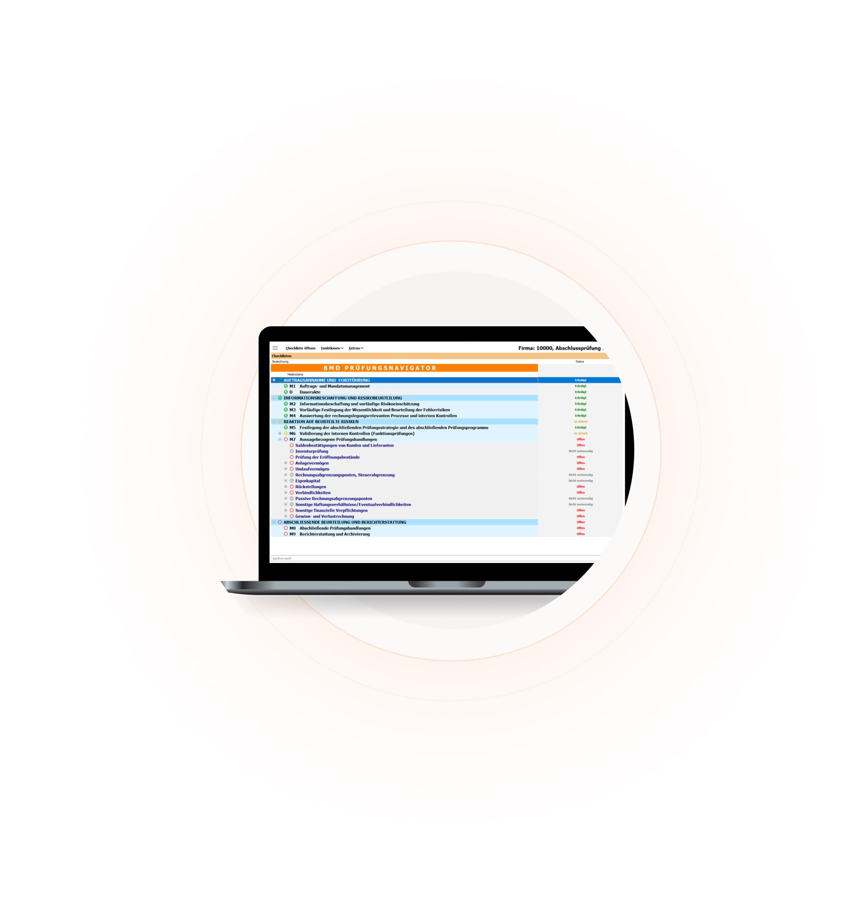 Screenshot der BMD Wirtschaftsprüfungssoftware mit der WP Checkliste.