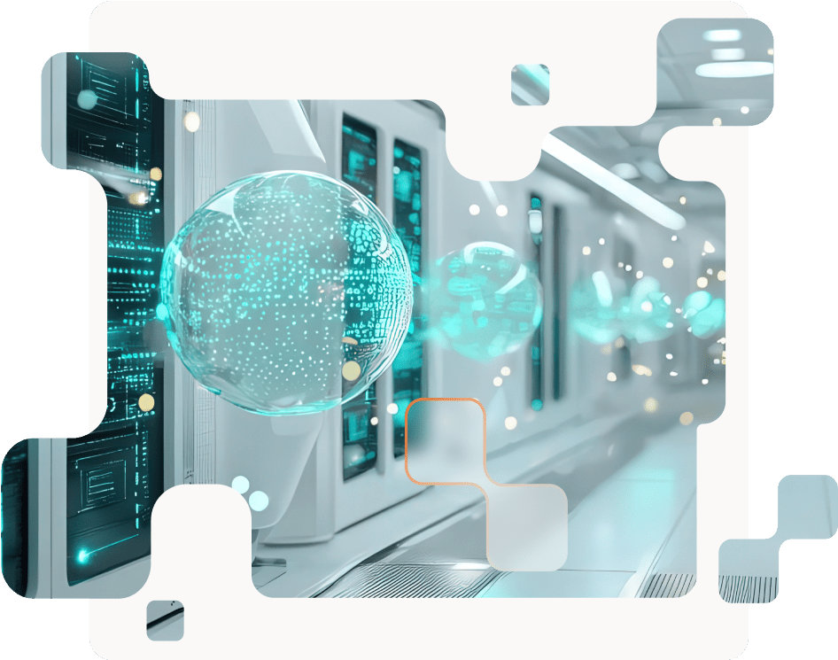 Illustration of a server room with blue lights. The image was created with AI.