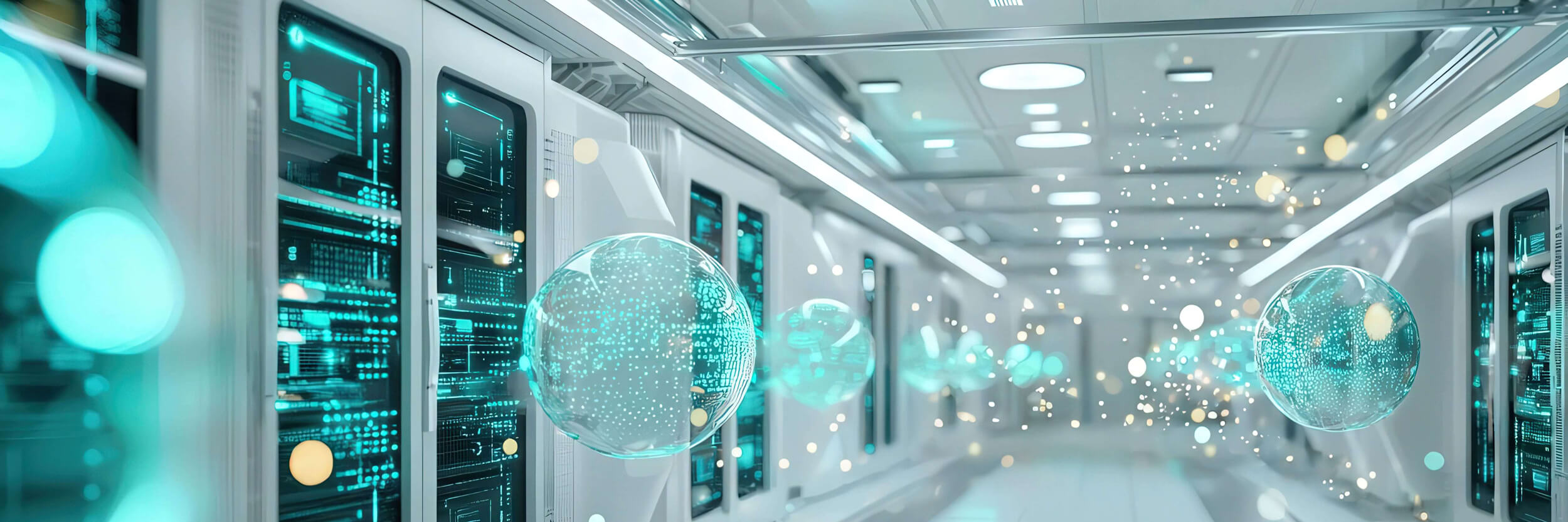 Darstellung eines Serverraums mit blauen Lichtern. Das Bild wurde mit KI erstellt.