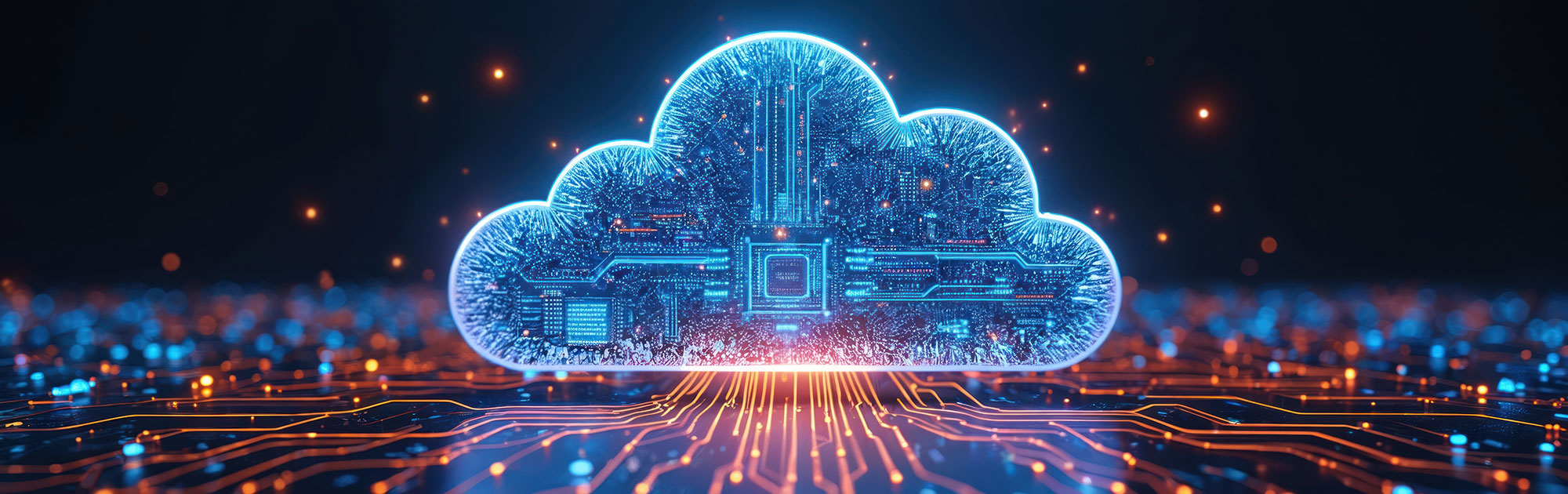 Creative representation for cloud services. In the centre, a glowing blue cloud surrounded by colourful lights. The image was created using AI.