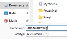 Saving the file as "Outlooknew.reg".