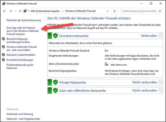 Arrow in Windows Firewall Defender pointing to "Allow an app or feature through Windows Defender Firewall".