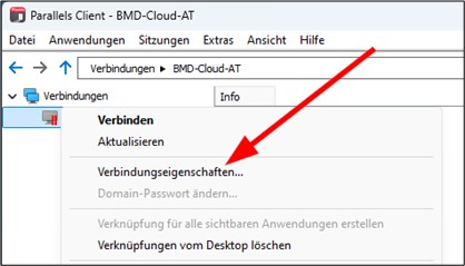 Screenshot of the "Connection properties" option in the Parallels Client