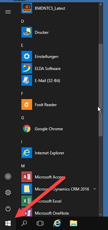 Screenshot of the Start menu in the lower left corner.