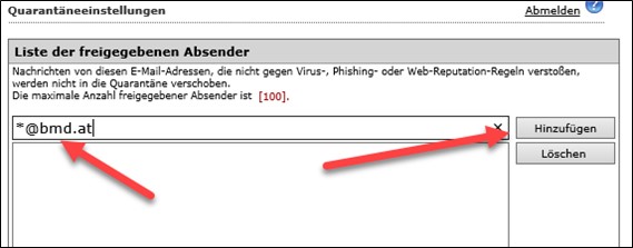 Screenshot of the list of whitelisted senders with the option to add more.
