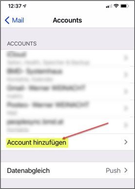 Screenshot of the account management screen in the iPhone Mail app. The option "Add account" is highlighted.