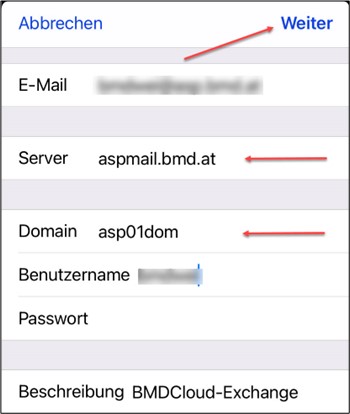 Screenshot of an iPhone Mail account setup. Input fields for email, server (aspmail.bmd.at), domain (asp01dom), username and password are visible. The button "Next" in the top right corner is highlighted.