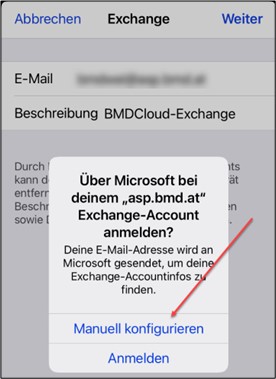 Screenshot of an Exchange account setup on an iPhone. A dialogue asks whether the user wants to sign in to "asp.bmd.at" using Microsoft. The option "Configure manually" is highlighted.