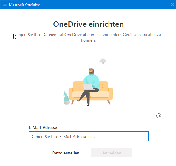 The Setting up OneDrive screen where you can enter your email address