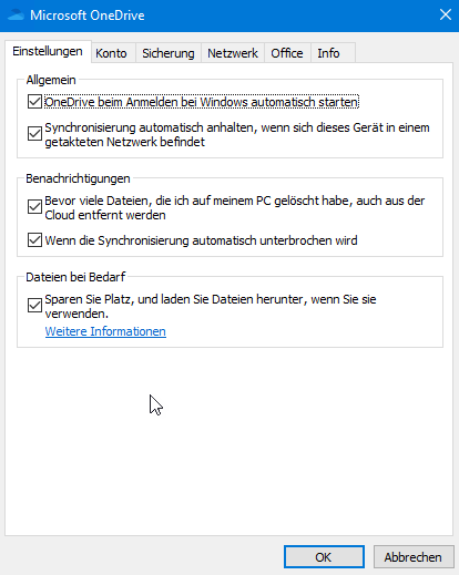 Screenshot of the OneDrive settings. The "Settings" tab is open.