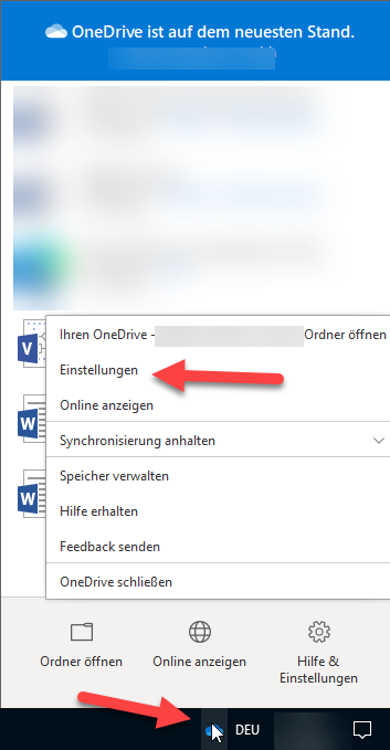 Screenshot of the OneDrive account in the task bar. A red arrow points to the Cloud icon in the task bar, another points to "Settings" in the open context menu.