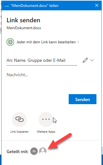 Screenshot of the options when sending a link. A red arrow points to the avatars in the "Shared with" section.