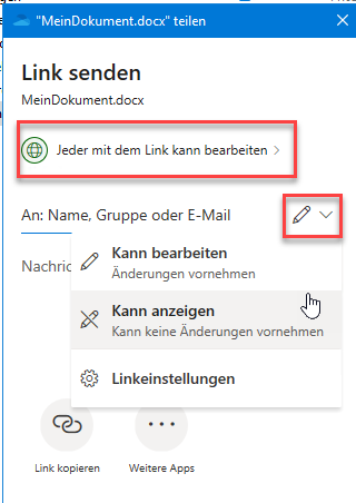 Screenshot of the option to sennd a link for access. The text "Anyone with the link can edit" and the editing icon are surrounded by a red frame.