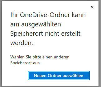 Screenshot of the error message when selecting a network drive: Your OneDrive folder cannot be created at the selected location.