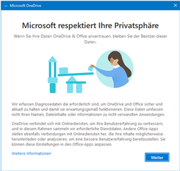 Screen reading "Microsoft respects your privacy" with the "Continue" button