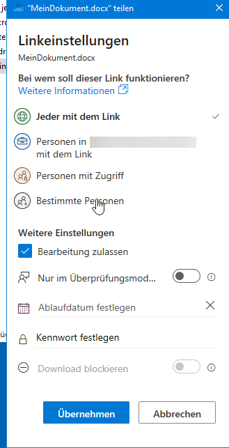 Screenshot der Linkeinstellungen beim Teilen eines Dokuments mit folgenden Optionen: Bearbeitung zulassen, Ablaufdatum und Kennwort festlegen.