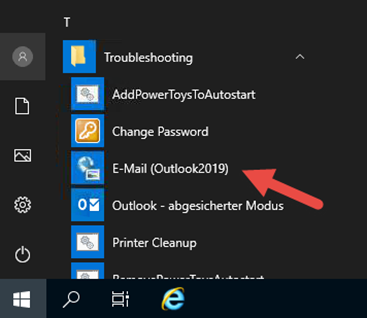 Windows start menu with a red arrow pointing to the item "Mail (Outlook2019)".