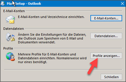 Window "Mail Setup - Outlook" for managing email accounts, data files and profiles.