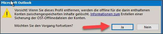 Warning message in Microsoft Outlook about deleting profiles and their offline content, with the options "Yes" and "No".