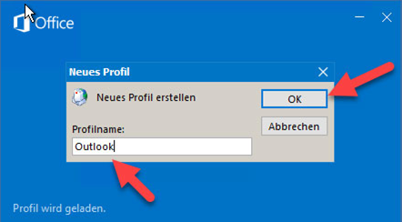 "New Profile" dialogue box in Microsoft Outlook with a profile name entered and the OK button highlighted.